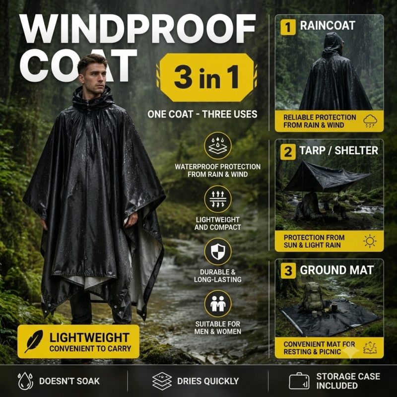 Cycling Rain Jacket Commute - Дождевик-пончо с капюшоном для взрослых, водонепроницаемый